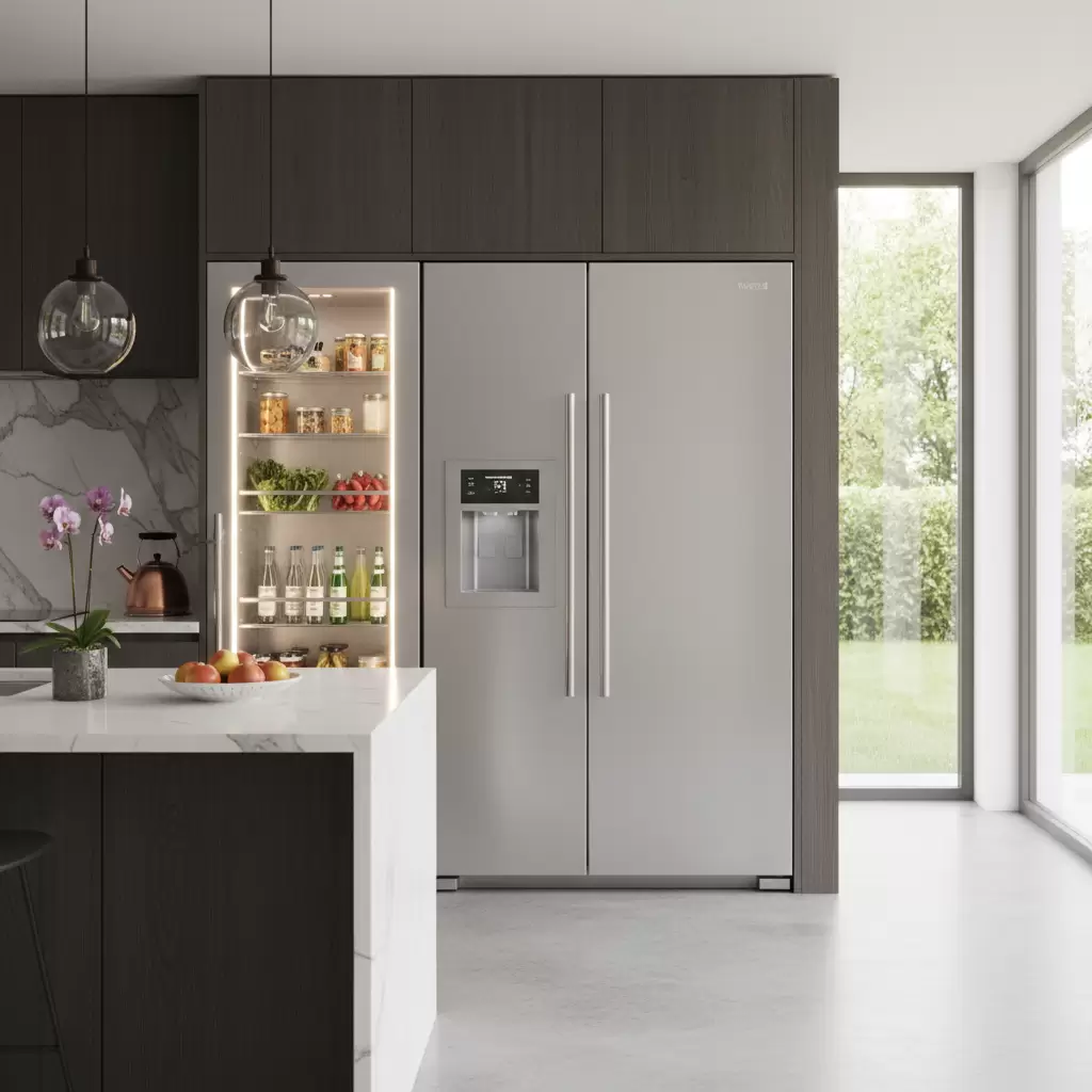 gemini_image_1768648626 Tủ lạnh Side by Side dung tích lớn mang lại vẻ đẹp đẳng cấp và sự tiện nghi cho không gian bếp hiện đại