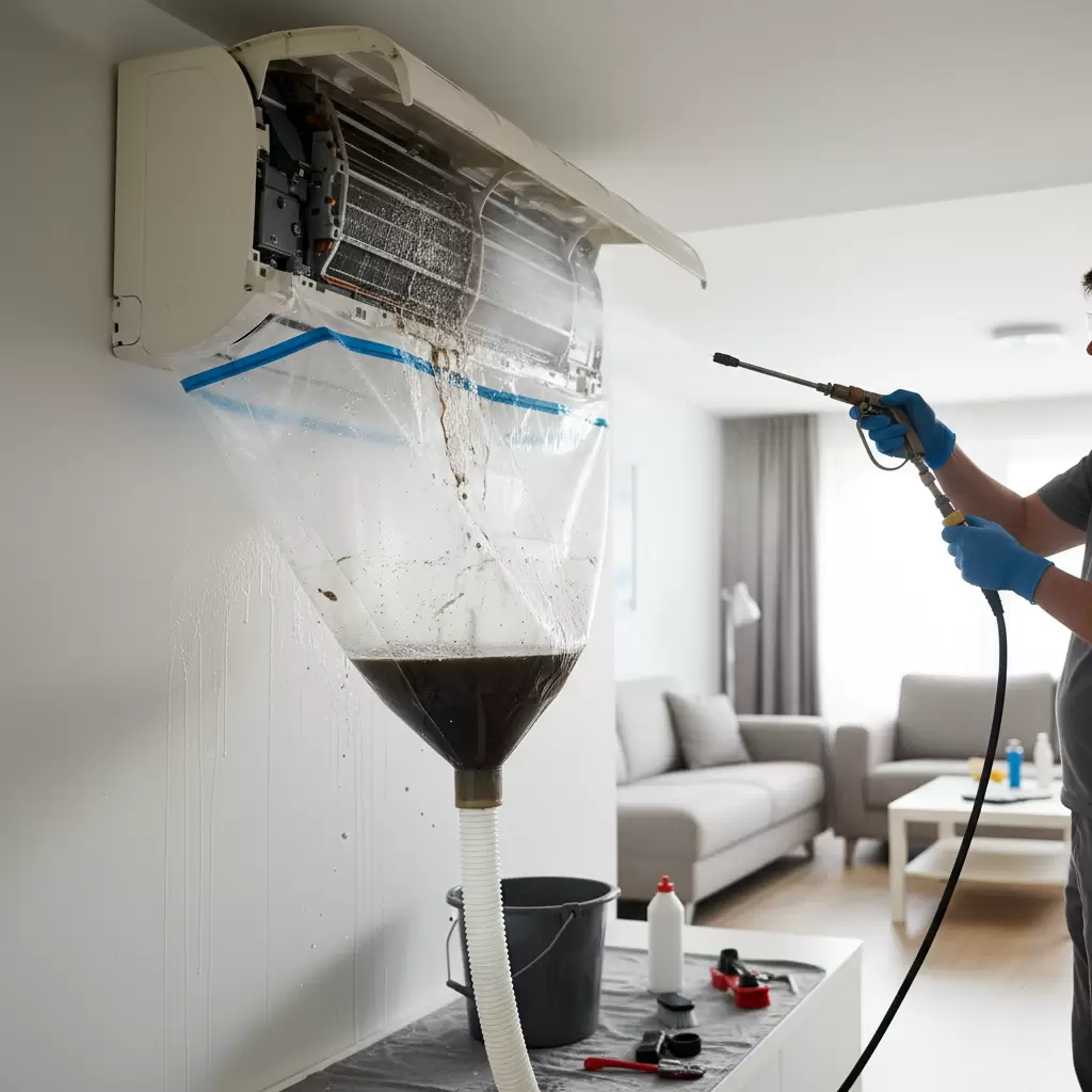 Sử dụng túi hứng nước chuyên dụng để vệ sinh dàn lạnh chuẩn kỹ thuật và sạch sẽ