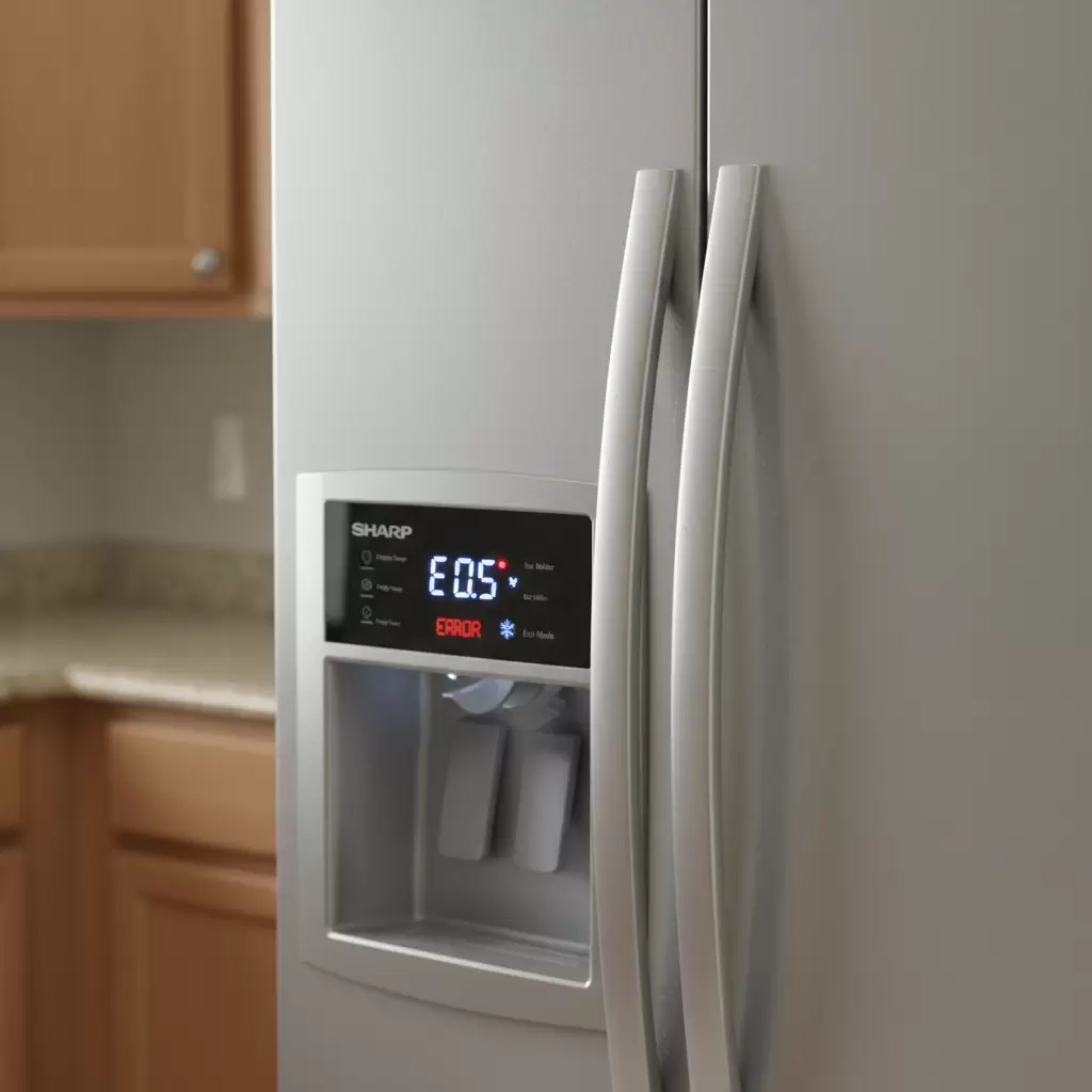 gemini_image_1768655694-1 Bảng điều khiển hiển thị tín hiệu cảnh báo khi cảm biến tủ lạnh Sharp gặp sự cố
