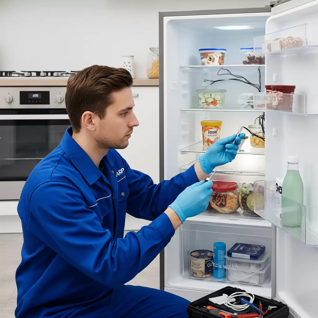 gemini_image_1768655695 Kỹ thuật viên tiến hành kiểm tra và thay thế cảm biến cho tủ lạnh Sharp