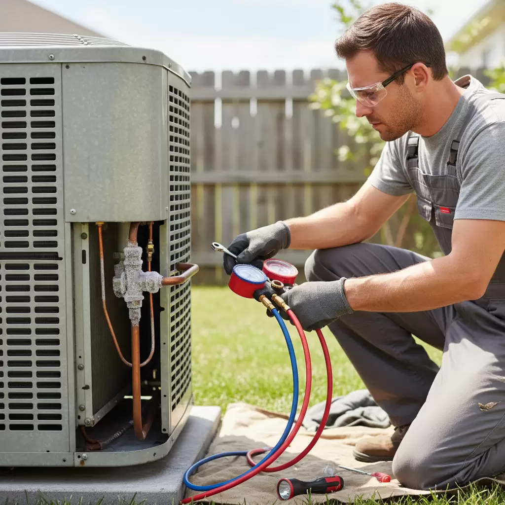 Kỹ thuật viên đang kiểm tra tình trạng hoạt động của van tiết lưu trên cục nóng