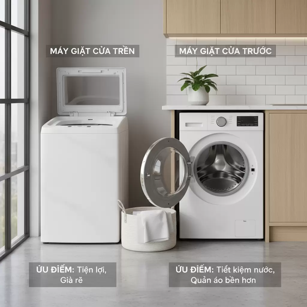Sự khác biệt về kiểu dáng giữa máy giặt cửa trên và máy giặt cửa trước