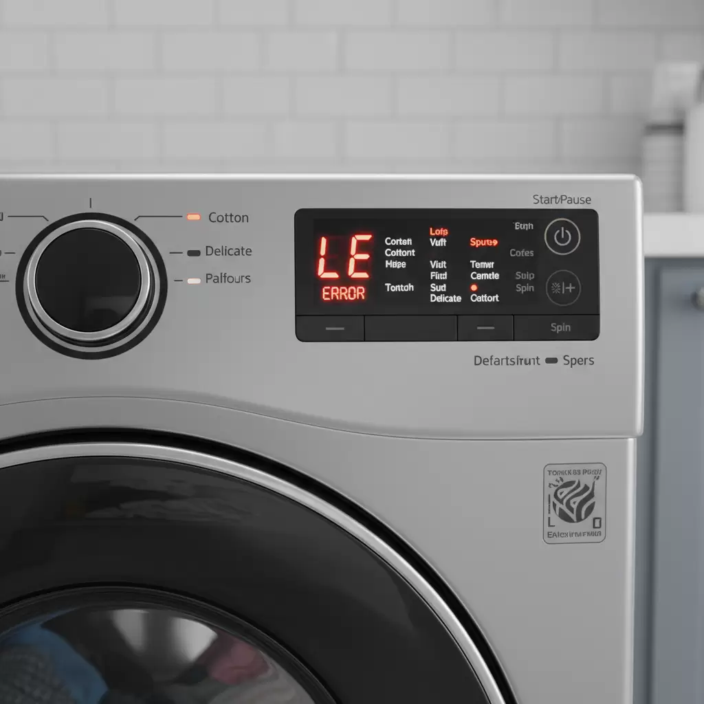 Màn hình máy giặt LG hiển thị mã lỗi LE thông báo sự cố liên quan đến động cơ