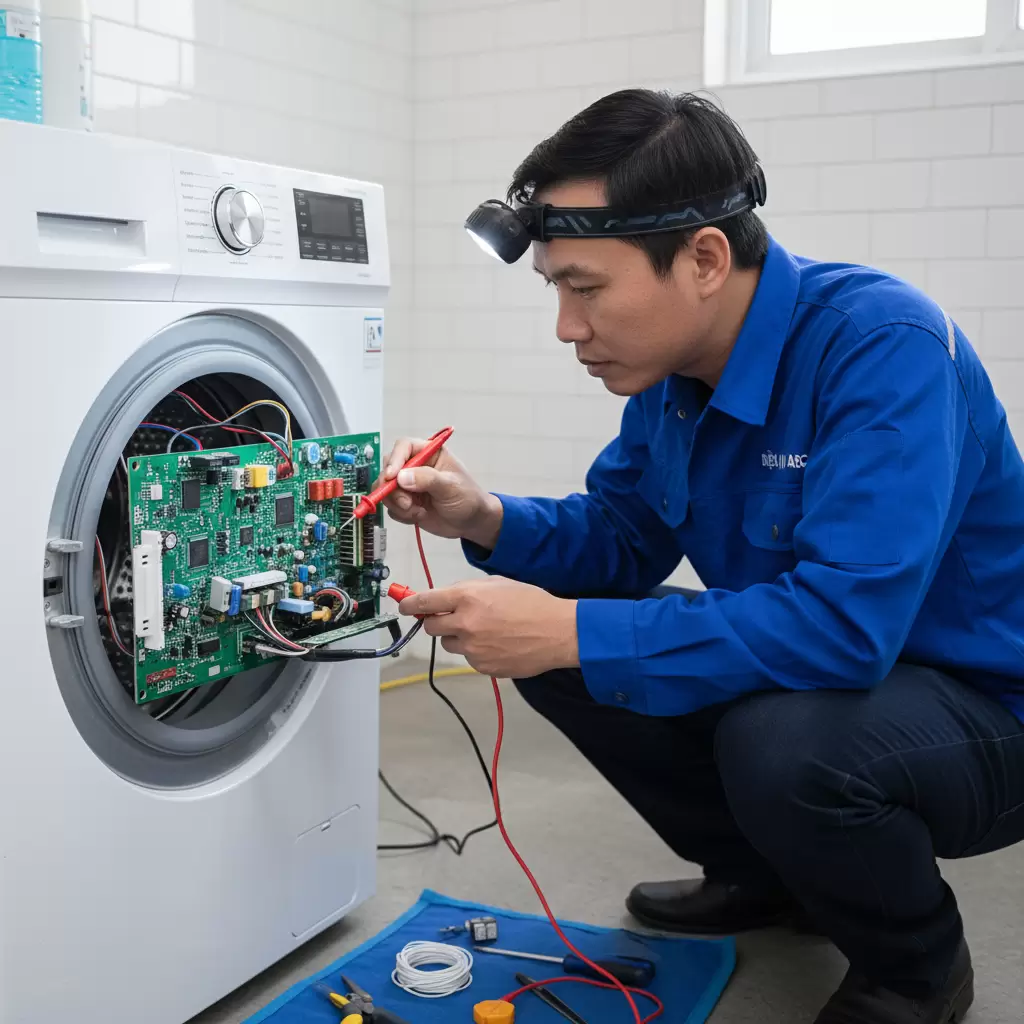 Kỹ thuật viên chuyên nghiệp đang tiến hành kiểm tra các linh kiện trên bo mạch máy giặt