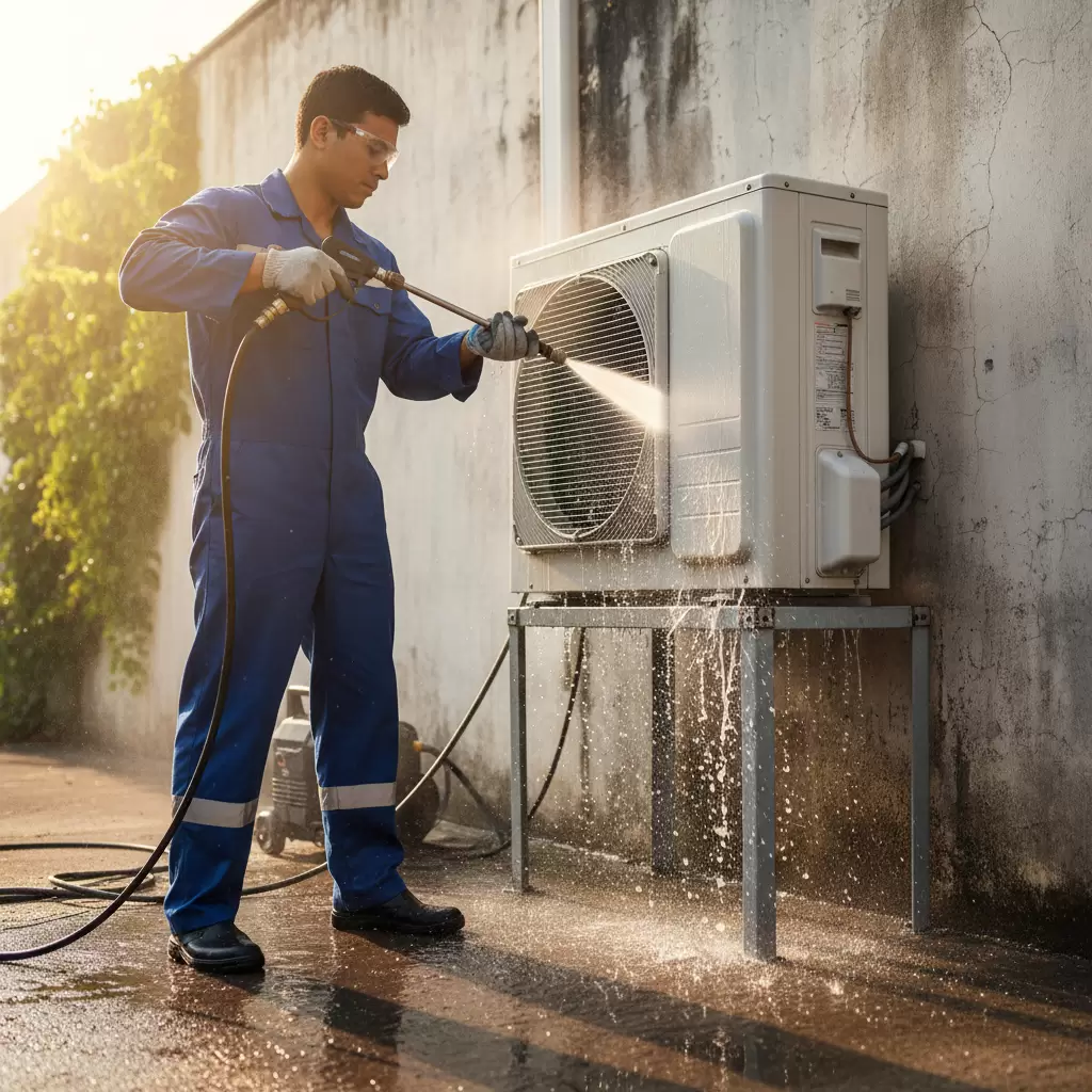 Vệ sinh dàn nóng bằng thiết bị chuyên dụng để đảm bảo hiệu quả tản nhiệt