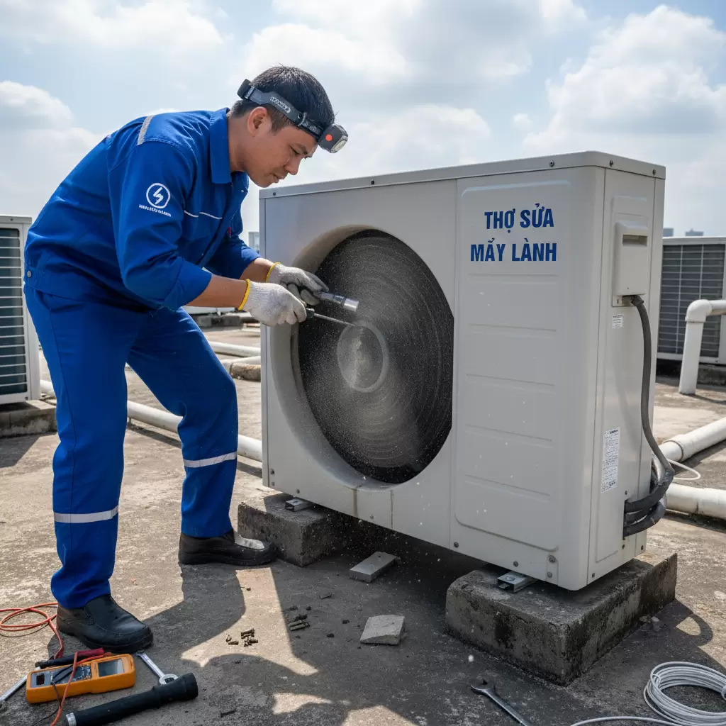 Kỹ thuật viên đang kiểm tra nguyên nhân gây tiếng ồn tại dàn nóng điều hòa