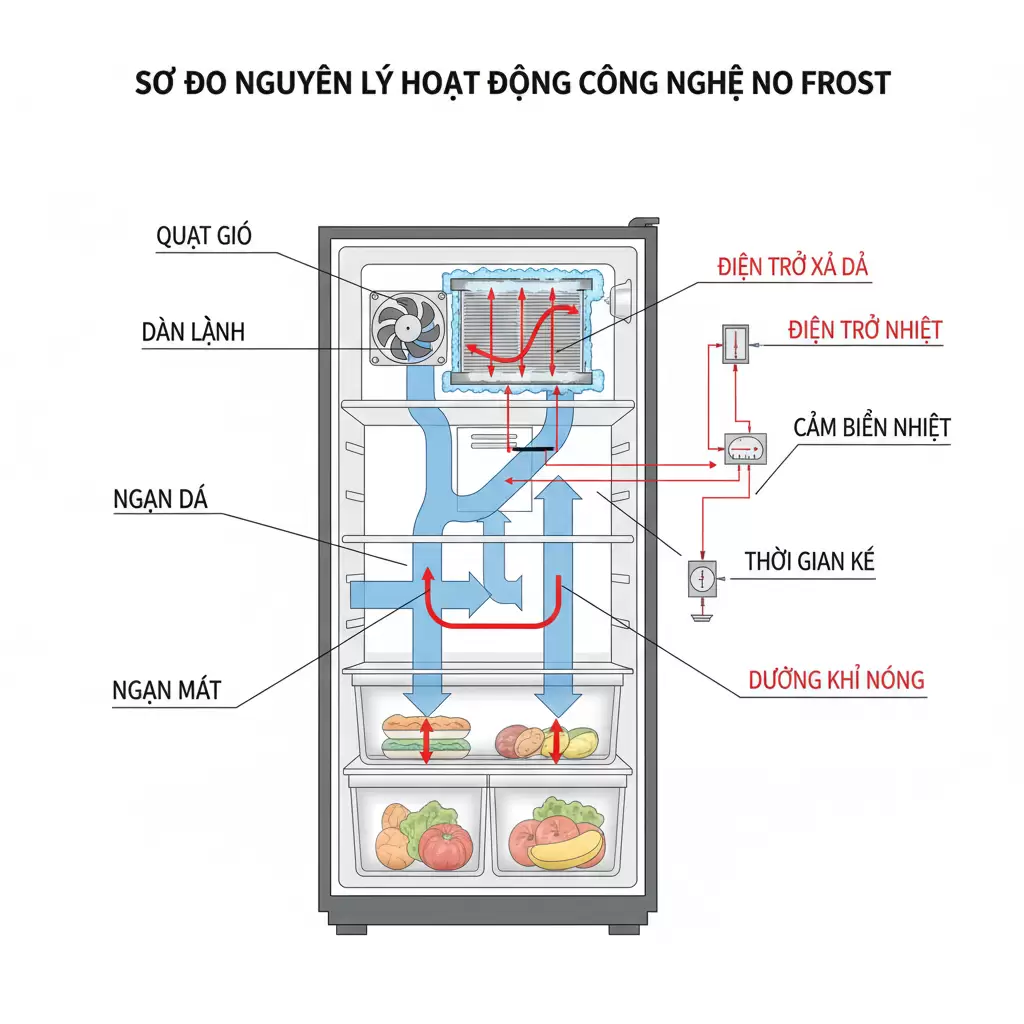 Sơ đồ minh họa cơ chế tuần hoàn khí lạnh của công nghệ No Frost
