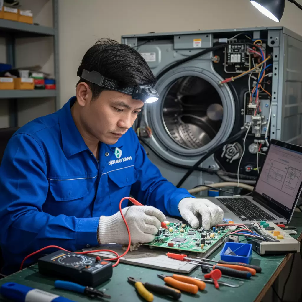 Kỹ thuật viên chuyên nghiệp đang kiểm tra hệ thống bo mạch phức tạp của máy giặt Inverter