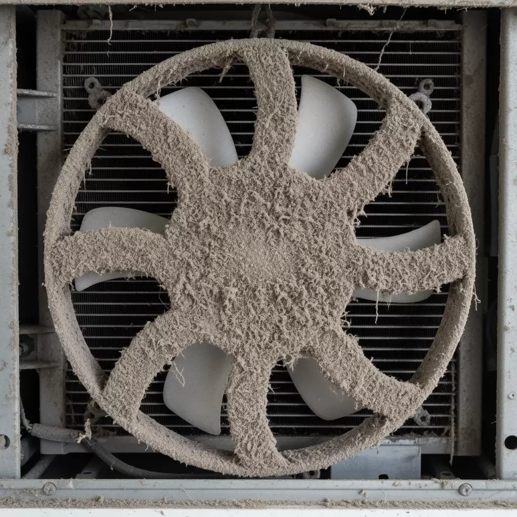 gemini_image_1768683730-1 Hình ảnh cánh quạt dàn lạnh bị bám bụi lâu ngày gây giảm hiệu suất