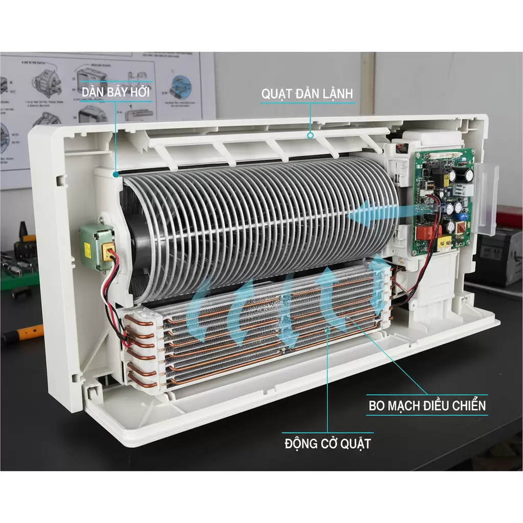 gemini_image_1768683730 Cấu tạo chi tiết của quạt dàn lạnh bên trong hệ thống điều hòa