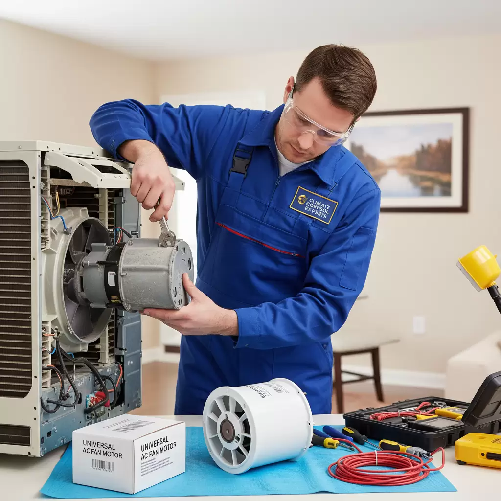 gemini_image_1768683732 Kỹ thuật viên đang tiến hành thay thế mô tơ quạt dàn lạnh mới