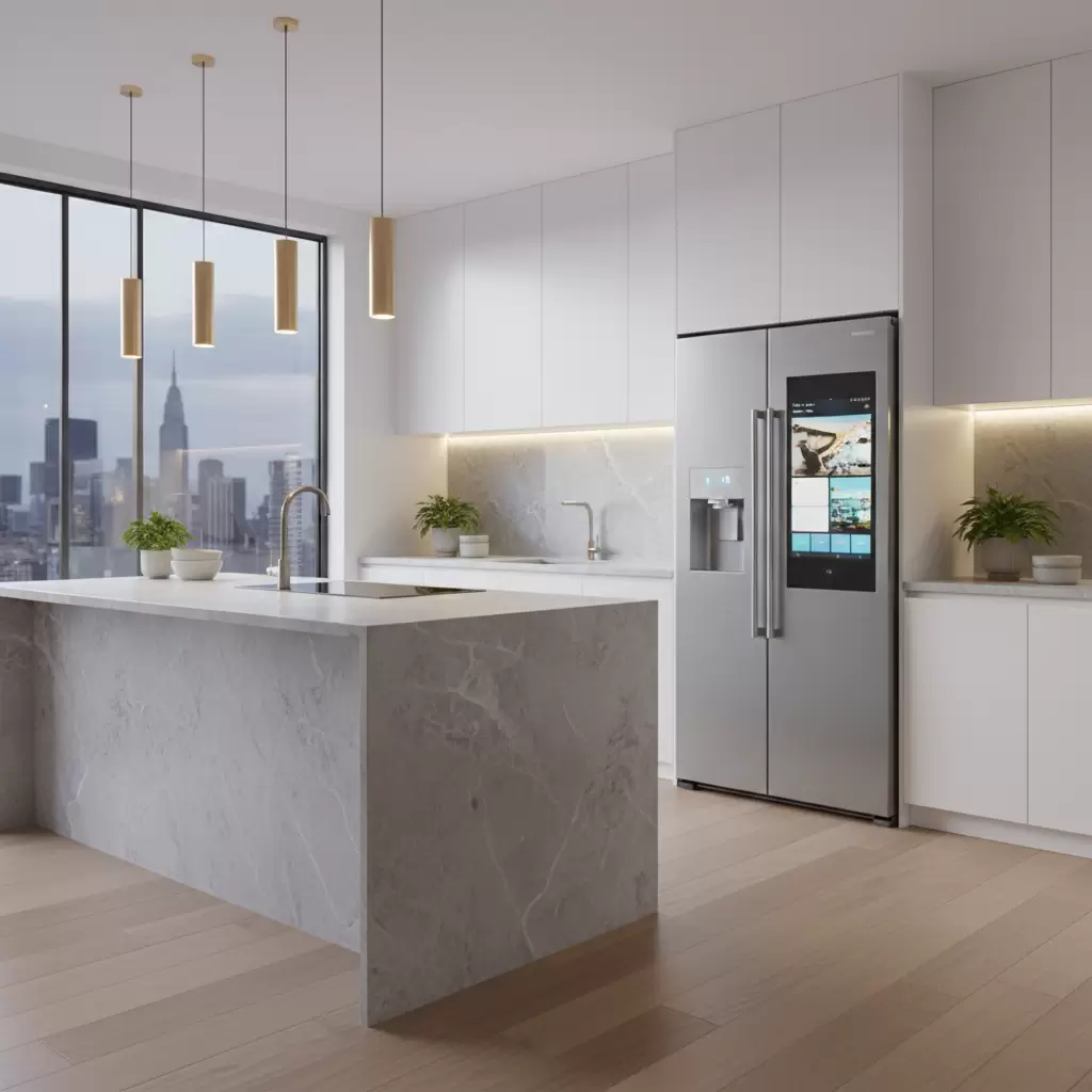 gemini_image_1768684070 Tủ lạnh Samsung Family Hub mang đến vẻ đẹp sang trọng và hiện đại cho không gian bếp