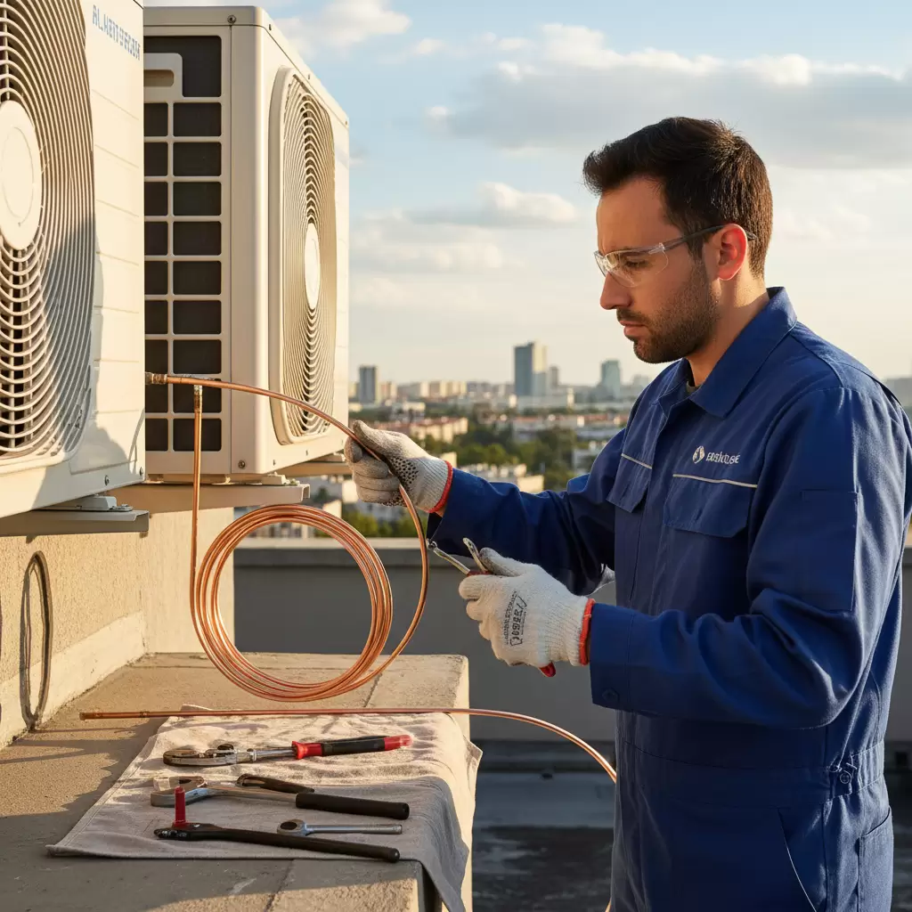 Kỹ thuật viên thực hiện quy trình thay ống đồng điều hòa đúng tiêu chuẩn