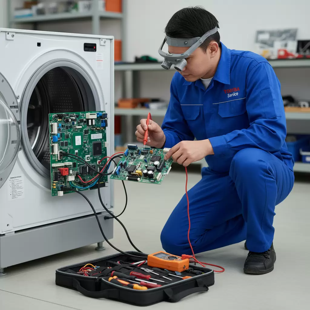 Kỹ thuật viên đang kiểm tra các linh kiện bên trong máy giặt Toshiba