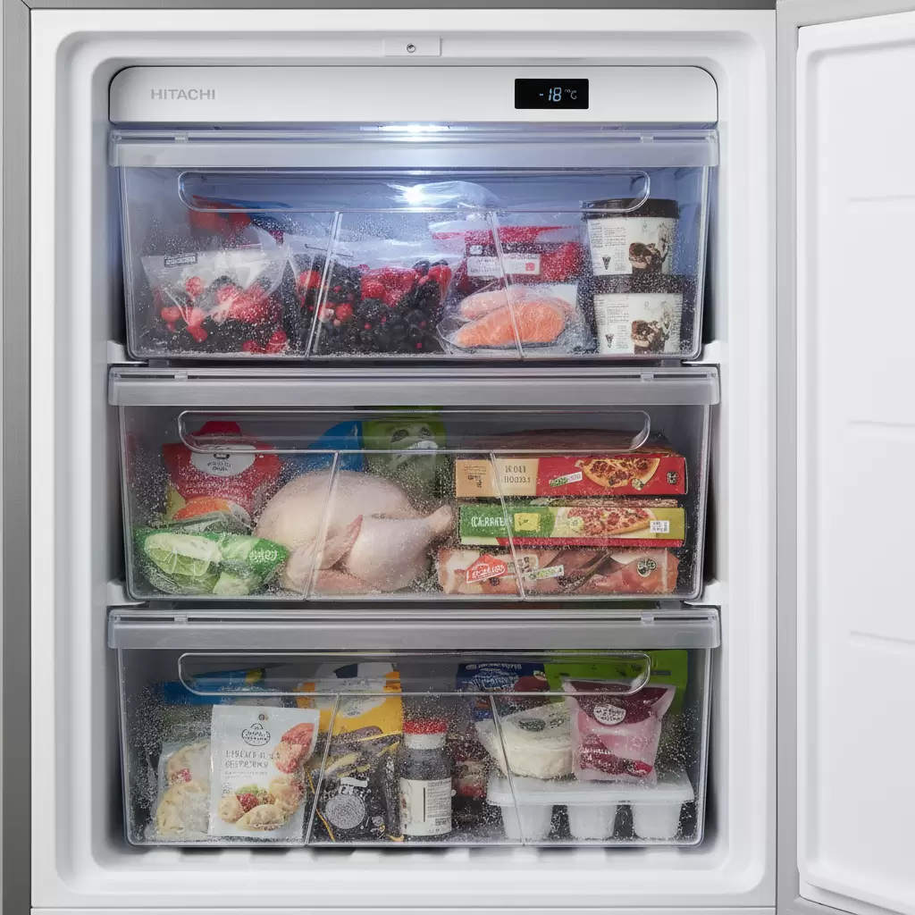 gemini_image_1768685637 Thiết kế bên trong tủ đông Hitachi SCR tối ưu hóa không gian lưu trữ và phân loại thực phẩm