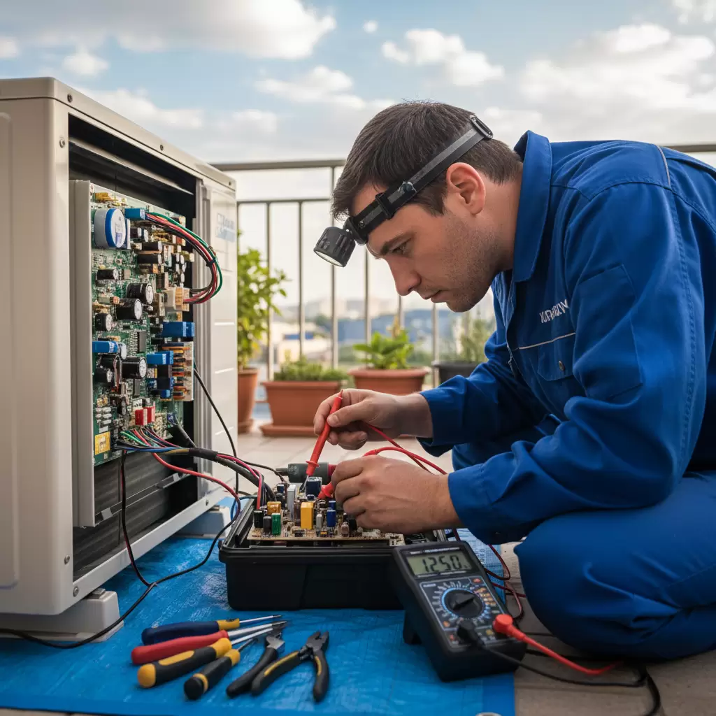 Kỹ thuật viên chuyên nghiệp đang đo đạc thông số để tìm linh kiện lỗi trên bo main