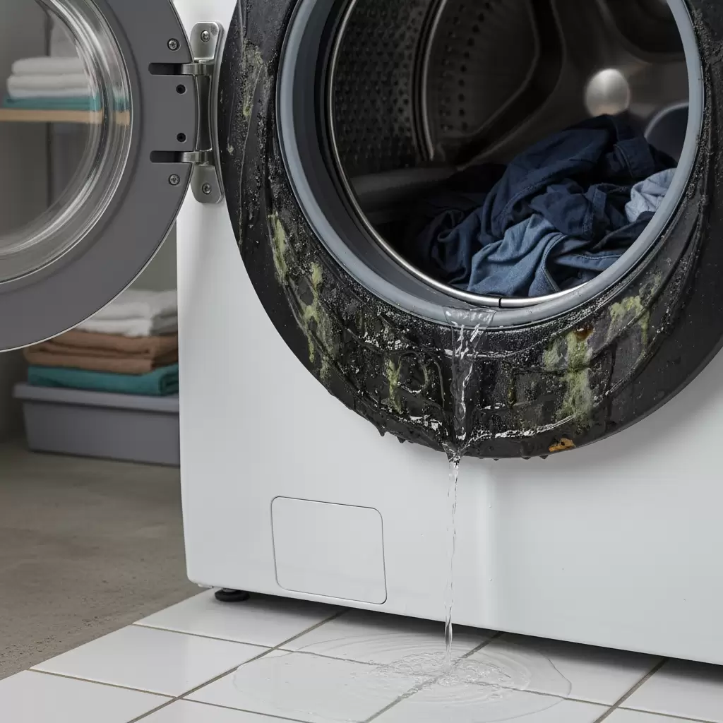 gemini_image_1768686813 Tình trạng ron cửa máy giặt bị mốc đen và hư hỏng gây rò rỉ nước