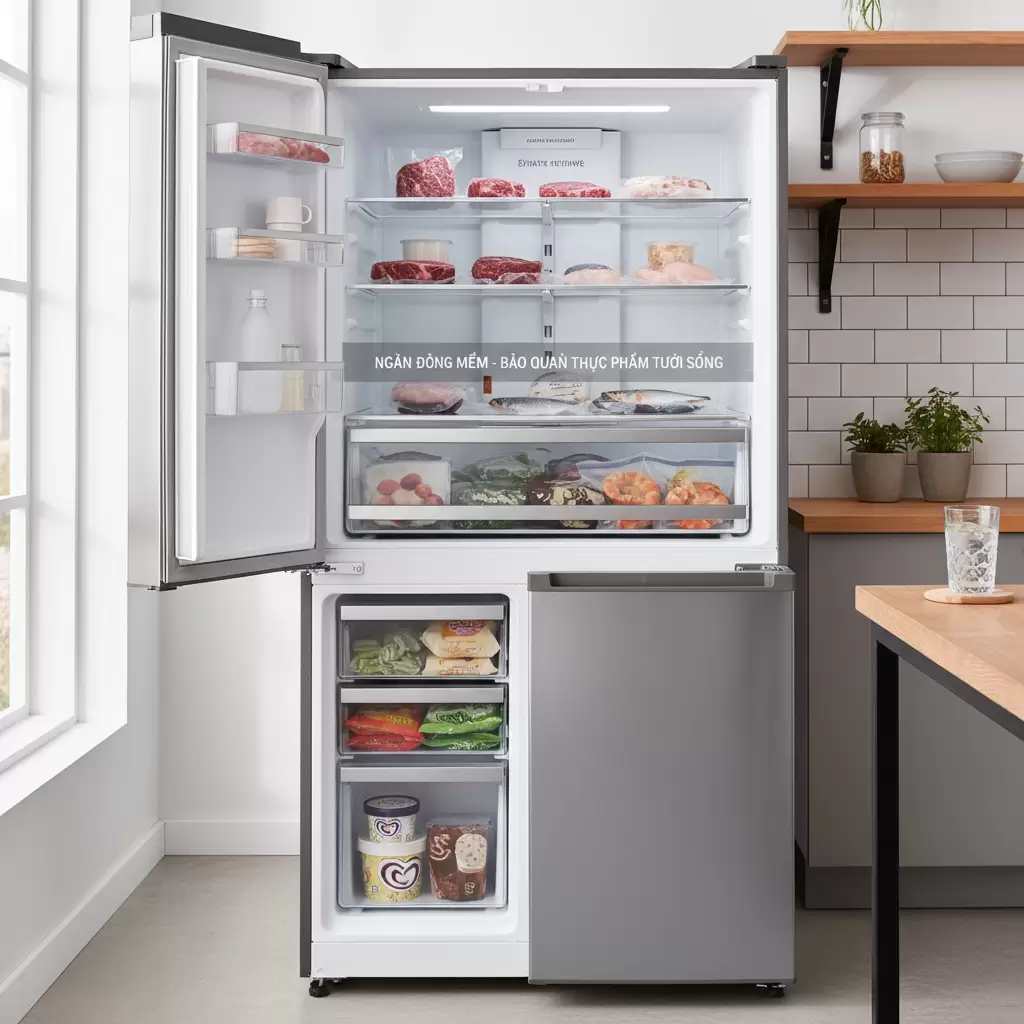 gemini_image_1768687085 Dòng tủ lạnh ngăn đá dưới kết hợp ngăn đông mềm mang lại sự tiện nghi vượt trội cho người nội trợ
