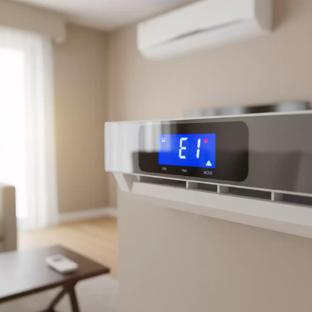 gemini_image_1768687370 Màn hình hiển thị mã lỗi E1 trên dàn lạnh điều hòa khiến máy ngừng hoạt động